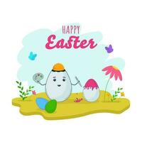 Vector Illustration Of Cartoon Eggs Holding Paintbrush With Color Plate, Butterflies On Floral White Background For Happt Easter Concept.