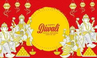 Two Images Of Lord Ganesha And Goddess Lakshmi Statue With Indian Sweets On The Occasion Of Happy Diwali. vector