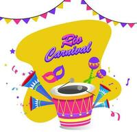 Rio Carnival celebration poster or template design with party mask and music instruments illustration on abstract background. vector