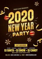 2020 New Year Party Flyer Design with Baubles, Golden Snowflakes and Event Details on Brown Strip Pattern Background. vector