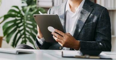 Document Businessman working modern computer Document Management System , Virtual online documentation database and process automation to efficiently manage files, photo