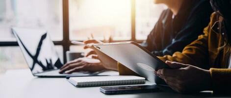 Financial Business team present. Business man hands hold documents with financial statistic stock photo, discussion, and analysis report data the charts and graphs. Finance Financial concept photo
