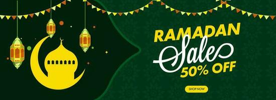 Ramadan Sale Header Or Banner Design With Discount Offer, Crescent Moon, Mosque, Hanging Lanterns On Green Background. vector