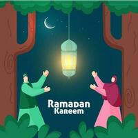 musulmán Pareja personaje con colgando iluminado linterna en Noche naturaleza antecedentes para Ramadán kareem vector