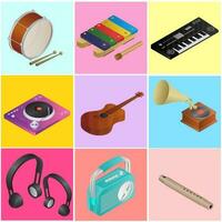 3D illustration of musical instrument collection on different color background. vector