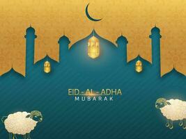 Eid al-Adha Mubarak concepto con dos dibujos animados oveja, iluminado linternas en dorado y verde azulado mezquita antecedentes. vector