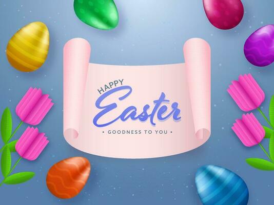 Happy Easter Font At Pink Scroll Paper With Glossy Colorful Eggs And Paper Tulip Flowers On Blue Background.