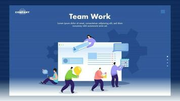 Teamwork concept based web banner design with business people working together as online chatting, idea, calendar maintain on website. vector