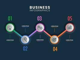 Infographics Template Layout With Business Icons And Five Options On Teal Blue Background. vector