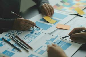 ux Graphic designer creative sketch planning application process development prototype wireframe for web mobile phone . User experience concept. photo