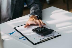 Document Businessman working modern computer Document Management System , Virtual online documentation database and process automation to efficiently manage files, photo