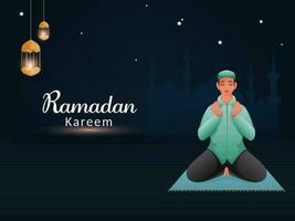 Ramadan Kareem Concept With Muslim Man Offering Namaz Prayer And Lit Lanterns Hang On Teal Blue Background. vector