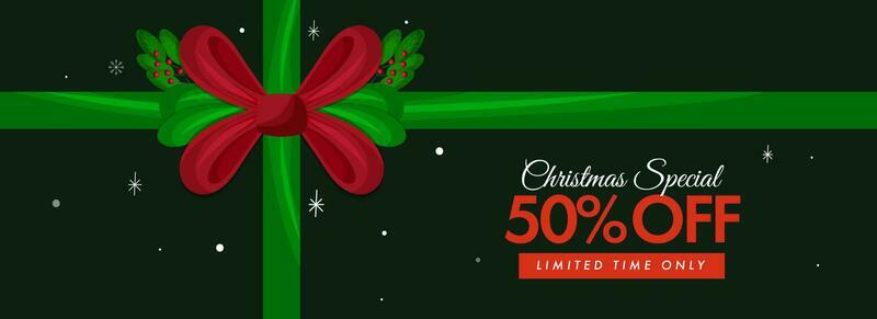 Christmas Sale Banner Or Header Closed With Bow Ribbons And Discount Offer In Green Color.