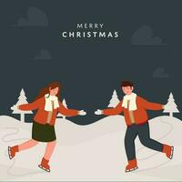 Merry Christmas Concept With Young Couple Ice Skating Together On Gray Xmas Tree Snowy Background. vector
