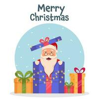 Merry Christmas Concept With Santa Claus Popping Out Of Gift Box On Blue And White Background. vector