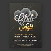 Club Night Party Flyer Design With Woofers And Event Details In Black Color. vector