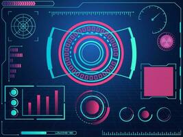 Futuristic graphic user interface HUD and radar screens on blue grid background. vector