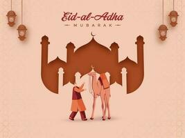 Illustration Of Muslim Man Standing With Camel Animal, Lanterns Hang On Peach And Brown Paper Cut Mosque Background For Eid-Al-Adha Mubarak Concept. vector