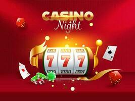 Casino Night Poster Or Flyer Layout With 3D Slot Machine, Dice, Poker Chips And Ace Cards On Red Background. vector