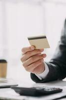 Document Businessman working modern computer Document Management System, Virtual online documentation database and process automation to efficiently manage files, photo