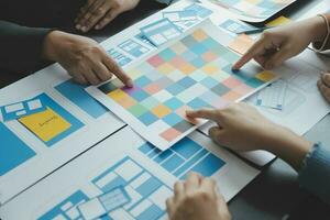 ux Graphic designer creative sketch planning application process development prototype wireframe for web mobile phone . User experience concept. photo