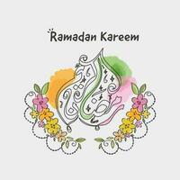 Arábica caligrafía de Ramadán kareem decorado con floral en gris antecedentes. vector