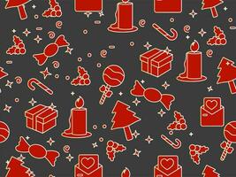 Seamless Pattern Of Red Color Christmas Festival Elements On Black Background. vector