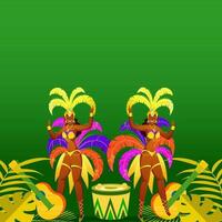 Samba Female Dancer Character With Drum, Guitar Instrument And Leaves On Green Background. vector