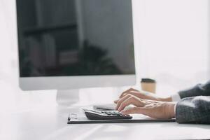 Document Businessman working modern computer Document Management System, Virtual online documentation database and process automation to efficiently manage files, photo