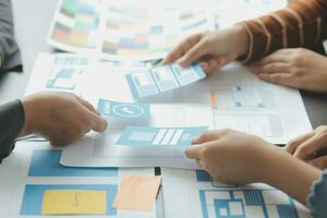 ux Graphic designer creative sketch planning application process development prototype wireframe for web mobile phone . User experience concept. photo