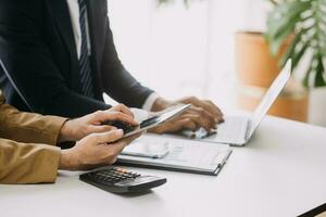 Document Businessman working modern computer Document Management System , Virtual online documentation database and process automation to efficiently manage files, photo