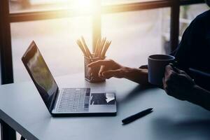 Financial Business team present. Business man hands hold documents with financial statistic stock photo, discussion, and analysis report data the charts and graphs. Finance Financial concept photo