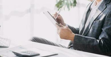 Document Businessman working modern computer Document Management System , Virtual online documentation database and process automation to efficiently manage files, photo