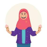 Cheerful Muslim Young Girl Holding Ice Creams On White Background. vector