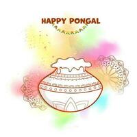 Happy Pongal Celebration Concept With Sticker Style Mud Full Of Traditional Dish, Mandala Pattern On Blur Color Explosion Background. vector