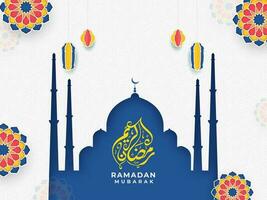 Arabic Calligraphy Of Ramadan Mubarak With Paper Cut Lanterns Hang On Blue Mosque And White Islamic Pattern Background. vector