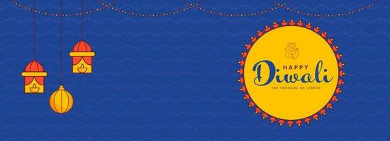 Happy Diwali Font With Line Art Lord Ganesha, Lanterns And Bauble Hang On Blue Zigzag Lines Background. Banner Or Header Design. vector