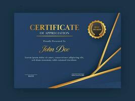 Certificate Of Appreciation Template Design In Blue And Golden Color. vector