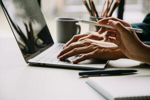 Financial Business team present. Business man hands hold documents with financial statistic stock photo, discussion, and analysis report data the charts and graphs. Finance Financial concept photo