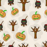 Scary Pumpkins With Bare Tree And Cauldron Decorated On Beige Background. vector