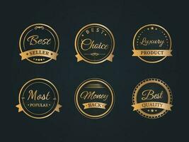 Set Of Six Golden Label, Tags Or Stickers, Badge Design On Black Background For Advertising. vector