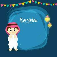 Ramadán kareem celebracion concepto con linda árabe chico Orando namaz, linternas colgar y verderón banderas en azul cepillo efecto antecedentes. vector