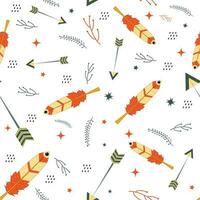 Seamless Pattern Of Feathers With Arrow And Leaves In Boho Style. vector