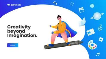 Web banner or landing page design, Beyond imagination of flying man from pencil with book, color palette, music note, image and planet on blue and white background. vector