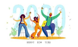 Man and Women Celebrating with Pizza and Drink on the Occasion of 2020 Happy New Year. vector