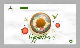 Veggie Box landing page design with top view food casserole, mushroom and tomato slice on white marble background. vector