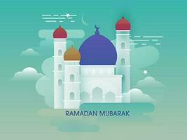 Ramadan Mubarak Font With Mosque Illustration On Glossy Turquoise Background. vector