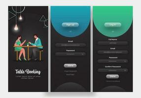 Table Booking Mobile App UI Screens Template Layout Including Login, Sign Up For Restaurant OR Cafe. vector