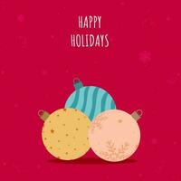 Happy Holidays Concept With Colorful Baubles On Pink Snowflake Background. vector