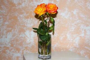 brillante rosas en un florero en el mesa. un ramo de flores de naranja rosas. foto